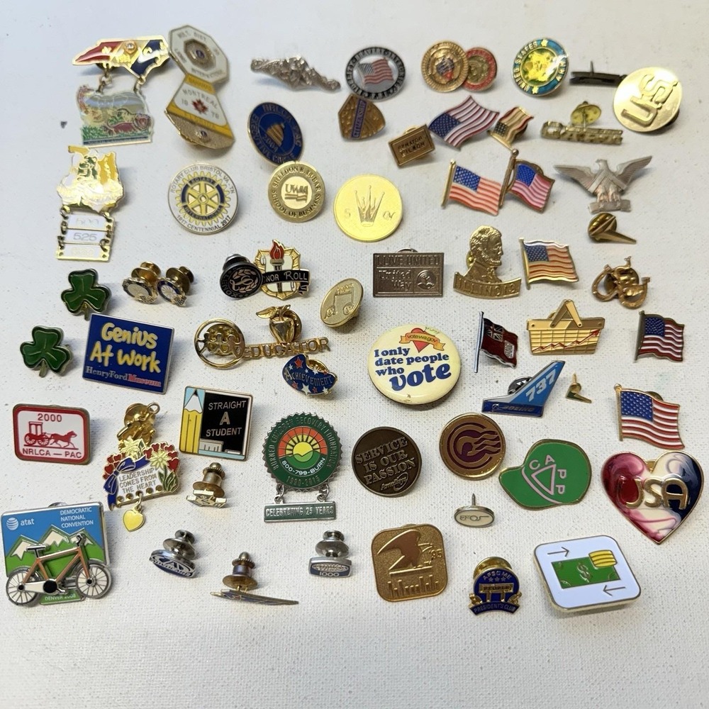 63 Lapel Pins Lot Service Fraternal Clubs College Work Education Military